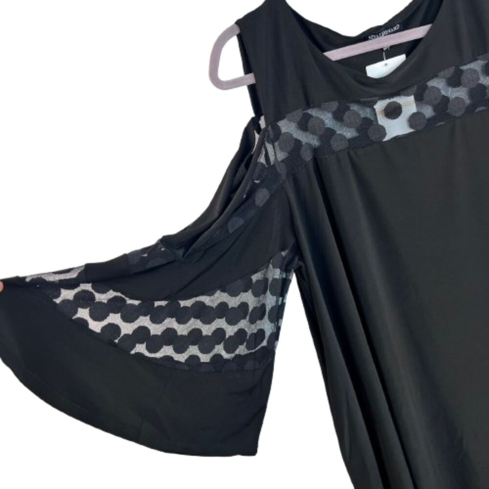Nina Leonard NWT Black Cold Shoulder Polka Dot Mesh Contrast Flowy Dress Size 2X - Picture 3 of 5